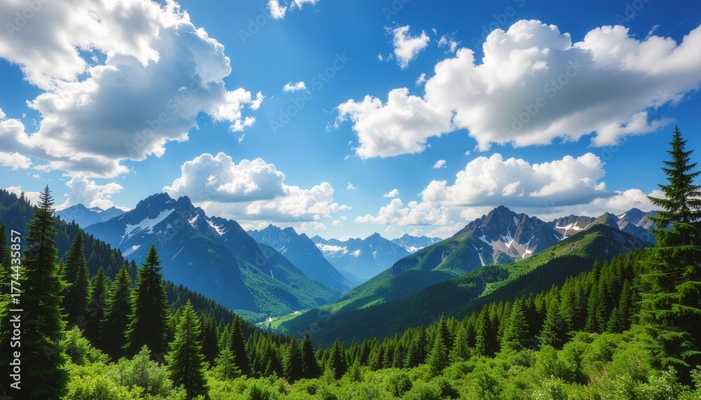 Fototapeta premium anime style mountain landscape with clouds and blue sky