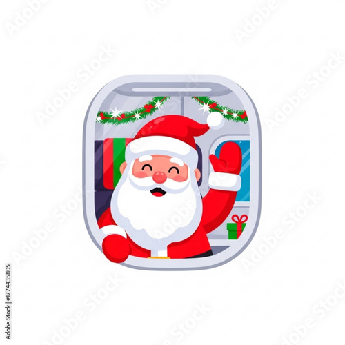 Santa Claus waving cheerfully in a decorated window for Christmas  