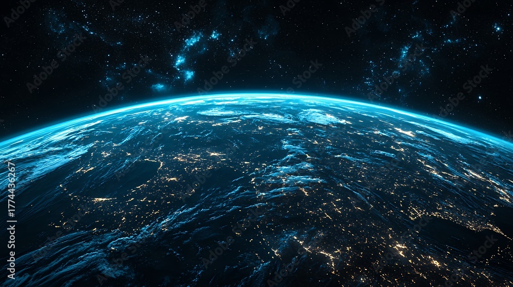 Obraz premium Digital Earth at Night Glowing City Lights and Cosmic Background