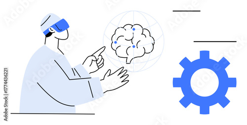 Person using virtual reality headset interacting with neural brain interface hologram, next to gear icon emphasizing technology. Ideal for AI, automation, innovation, VR, future, brain science