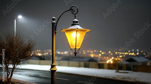 Streetlight glowing through falling snow, lonely night beauty, blurred background, with copy space