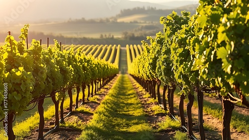 terroir. Vineyard rows stretching under natural sunlight, creating a serene and picturesque landscape. travel magazines, destination branding, designed for outdoor magazines and nature guides.