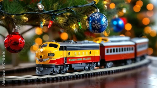 Toy train circling under decorated tree, childhood nostalgia, blurred background, with copy space