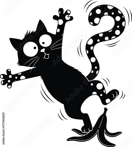 Funny Cartoon Cat Slipping on Banana Peel Whimsical Animal Silhouette with Playful Expression