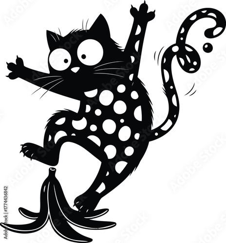 Funny Cartoon Cat Slipping on Banana Peel Whimsical Animal Silhouette with Playful Expression