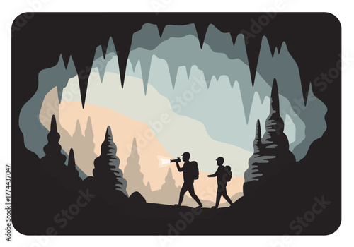 Exploring the Depths: Cave Adventure with Silhouetted Figures.