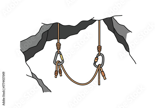 Rock Climbing Anchor System Illustration with Ropes and Carabiners.