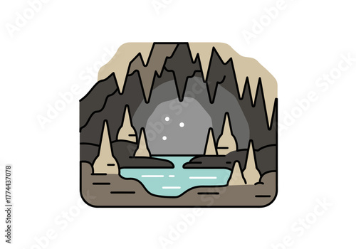 Cave Landscape with Lake and Stalactites Illustration.