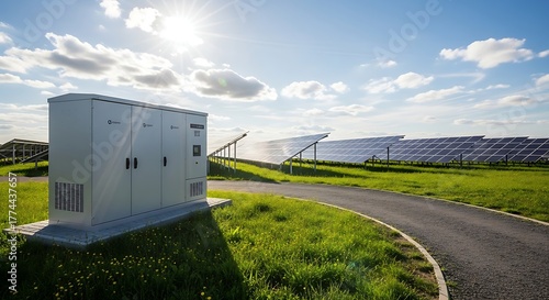 Modern electrical inverter box stands in a grassy field next to a curved gravel path leading towards a vast solar panel farm under a bright sunny sky with scattered clouds