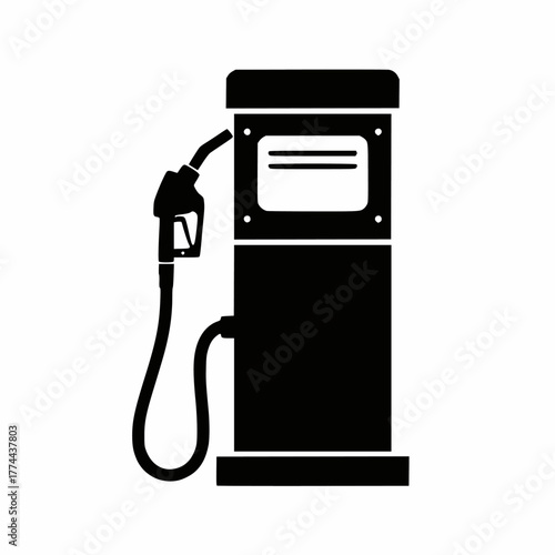 Simple black silhouette vector of a gas pump or fuel dispenser at a service station, featuring a nozzle and hose, minimal flat icon design for energy or transportation topics.