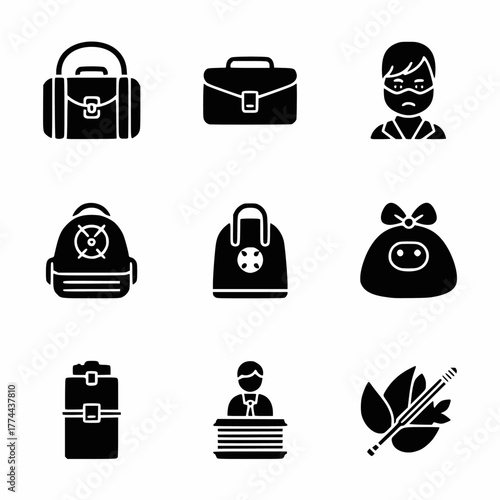 Black and white solid icon set of travel accessories and business elements, featuring luggage, briefcase, backpack, various bags, a receptionist, a masked person, and a no smoking symbol vector. 