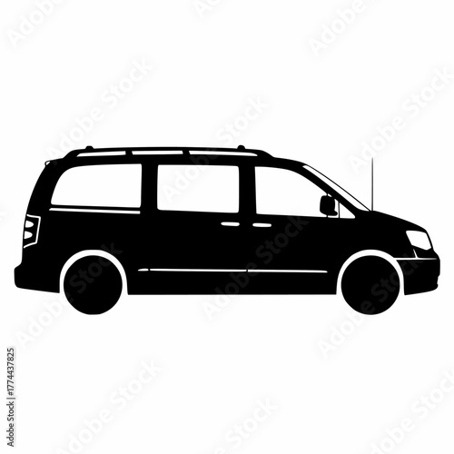 Detailed side profile vector silhouette icon of a large minivan or family passenger van with a prominent roof rack, perfect for family travel, road trip, and group transport concepts. 
