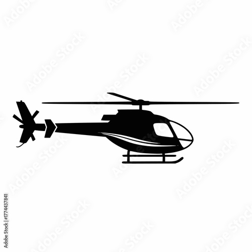 Elegant side profile vector silhouette icon of a single-engine utility helicopter, featuring rotor blades and landing skids, symbolizing air travel, rescue, and luxury transport