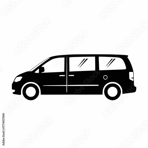 Side view of a sleek, solid black vector silhouette icon representing a minivan, passenger van, or family car, perfect for travel, transport, and shuttle service designs. 