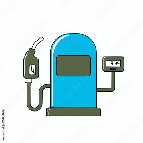 Blue gas pump station vector illustration with a dispenser nozzle, hose, and digital price screen showing $9.99 in a simple, flat outline style on white background