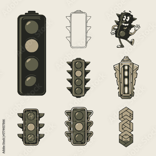 Traffic Light Illustration Vector Set. A diverse collection of vintage-style traffic signals including a fun cartoon mascot, various detailed modern and retro designs, and a graphic 3D stop element in