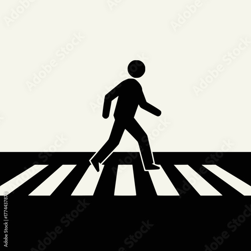Pedestrian Crossing Black and White Vector Icon. A simple, bold silhouette of a person walking across a zebra crossing or crosswalk, symbolizing safety, traffic, travel, and urban life. 