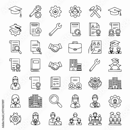 Human Resources, Education, and Industry Line Icon Megaset: Employment, Job Search, Engineering, and Learning Vector Collection. A comprehensive set covering professional documents, labor, graduation 