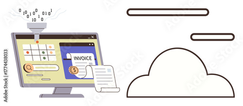 Computer screen displaying invoicing software with binary data processing into the cloud. Ideal for business, automation, cloud computing, finance, workflow optimization, data management