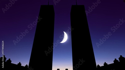 Twin Towers Silhouette Against Crescent Moon at Twilight