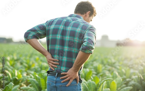 Farmer experiencing lower back pain while standing in a field of crops under a bright sunlit sky at sunset