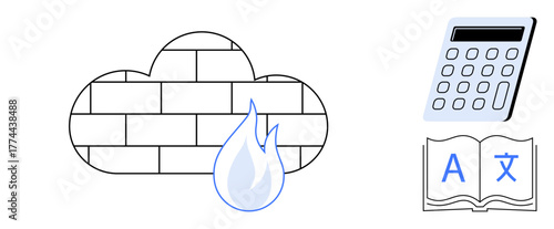Brick-wall cloud with flame representing cloud firewall, calculator for calculation or analytics, and book with multilingual text. Ideal for cybersecurity, technology, learning, cloud safety