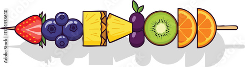 A colorful fruit skewer featuring a strawberry, blueberries, pineapple chunks, grapes, kiwi slices, and orange slices on a wooden stick.