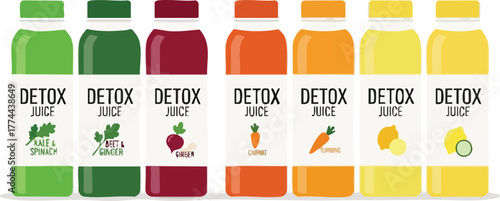 Collection of detox juice bottles with different flavors and ingredients, healthy beverages.