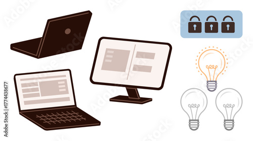 Laptop, desktop monitor with interface design, security locks, and glowing light bulbs. Ideal for innovation, technology, cybersecurity, brainstorming creativity productivity education. A simple
