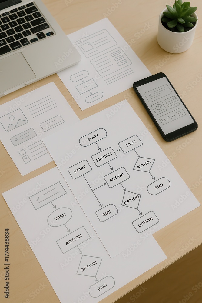 Obraz premium Workflow automation flowcharts with smartphone on desk