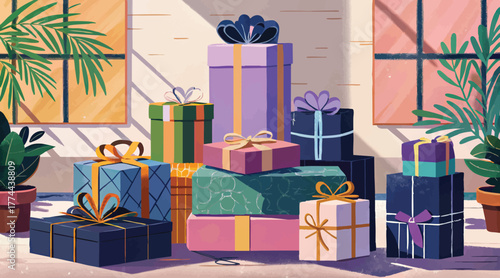  a pile of colorful, wrapped gift boxes with ribbons and bows. They are commonly used for special occasions such as birthdays and holidays like Christmas. 