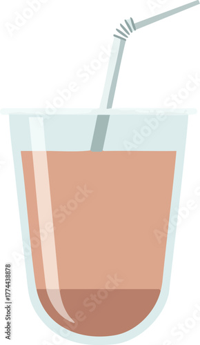A clear glass filled with a light brown beverage and a white striped straw inserted.