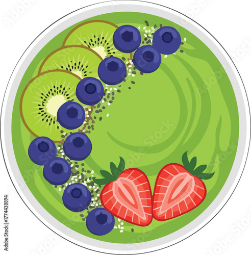 Vibrant green smoothie bowl with fresh kiwi, blueberries, strawberries, and chia seeds, viewed from above.