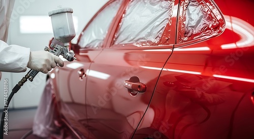 Professional auto body technician wearing protective gear meticulously spray painting a vibrant red car door with a professional spray gun in a clean workshop environment