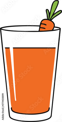 A glass of fresh carrot juice with a small carrot garnish on top, refreshing.