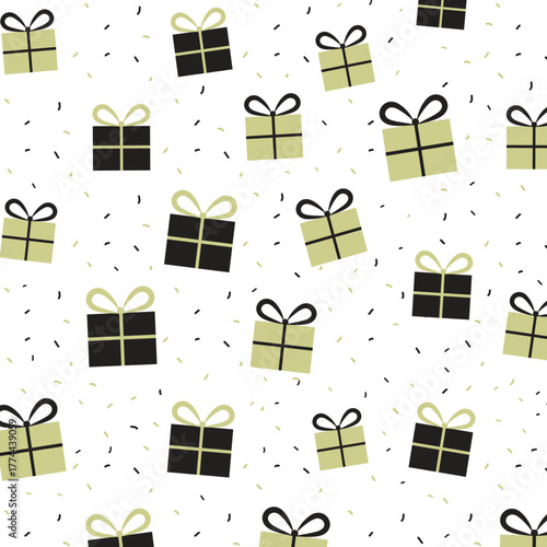 Seamless pattern different New Year, birthday gifts. Stars, dots. Wrapping paper pattern, bows and ribbons. Hand drawn Doodle New Year or Birthday gift boxes. Vector illustration. 