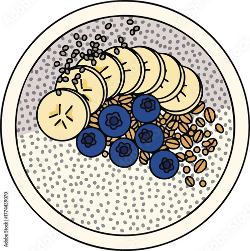Overhead illustration of a healthy breakfast bowl with chia pudding, sliced bananas, blueberries, and oats.