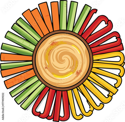 Vibrant circular platter with a bowl of creamy hummus surrounded by colorful fresh vegetable sticks including carrots, celery, and bell peppers, a healthy snack.