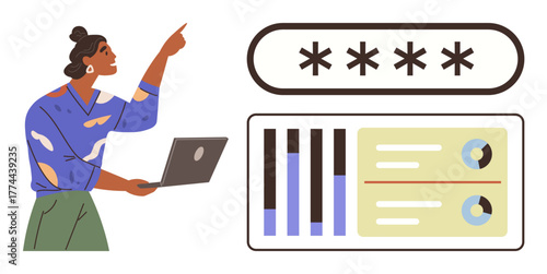 Woman points confidently while holding a laptop, emphasizing password entry and data analytics. Ideal for cybersecurity, data management, statistics, tech usage, digital tools, education, simple flat