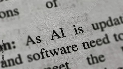 Closeup of artificial intelligence (AI) word or text printed on news articles, books or magazine white pages emphasize and highlight with background blur. AI technology growth, hype or concern concept