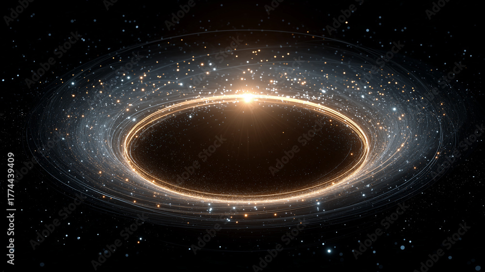 Fototapeta premium Celestial Enigma: A visualization of a black hole in space, showcasing its gravitational pull and the cosmic bodies swirling around its event horizon.