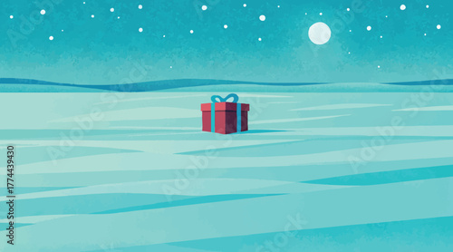 Vector illustration of red gift box with blue ribbon on snowy landscape under moonlit night sky, festive winter scene
