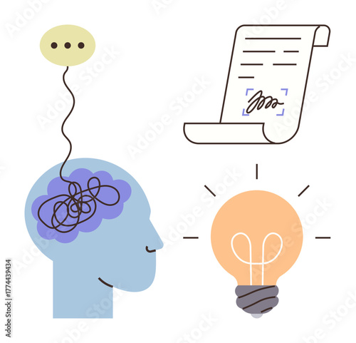 Tangled thoughts emerging from brain transform into a glowing bulb and documented idea. Ideal for creativity, problem solving, innovation, brainstorming, productivity, planning, and organization. A
