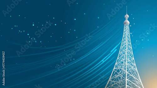 Radio Tower in the Sky: An image showcasing a majestic radio tower reaching towards the heavens against an artistic background of flowing lines.