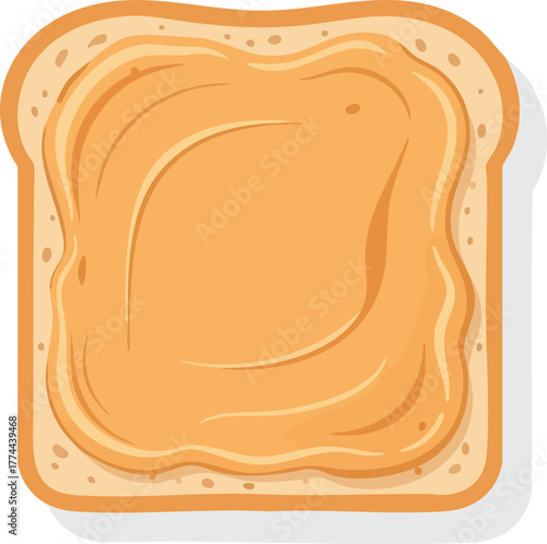 A close-up, top-down view of a single slice of bread with peanut butter spread evenly.