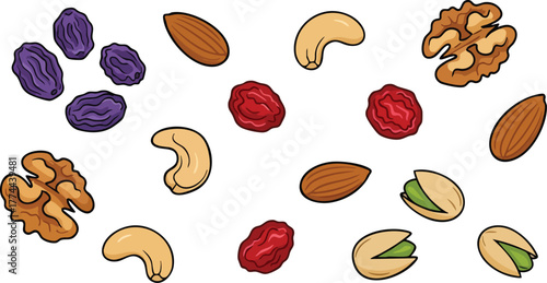 An overhead view of a variety of nuts and dried fruits scattered on a white background.