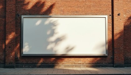 Large blank white horizontal billboard on old red brick wall building with concrete sidewalk. Sunny day casts tree leaf shadows across empty outdoor advertising space frame. Public urban street area