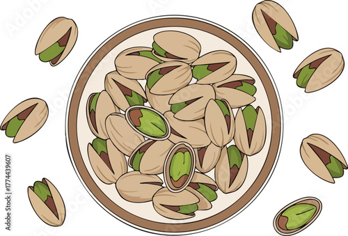 A top-down view of a pile of shelled and unshelled pistachios on a plate, with several pistachios scattered around the plate.