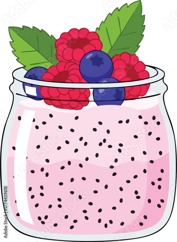 A vibrant illustration of a chia seed pudding in a glass jar, topped with fresh raspberries, blueberries, and mint leaves, showcasing a healthy and delicious snack.