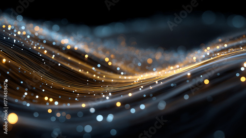 Abstract Digital Art: A flowing tapestry of light, with shimmering golden and sapphire waves. this image shows digital art of futuristic design.
